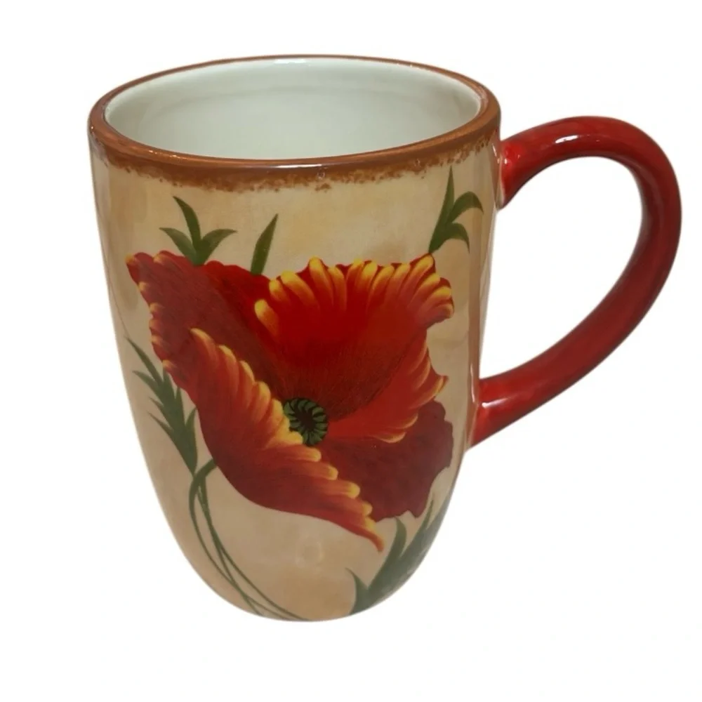 Pier 1 Poppies Mug 4 Piece Set Hand Painted Earthenware Replacements Red Floral